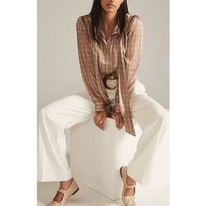 Anthropologie Mare Mare Plaid Tie Neck Blouse in Tan Plaid